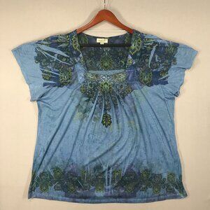 One World Top Women's 2X Blue Floral Popover Blouse Boho Square Neck Cap Sleeve